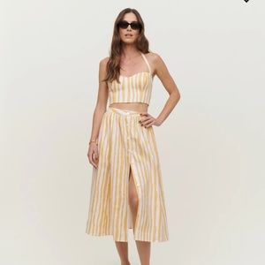 Reformation, Orzo Linen two piece NWT size 4, yellow & white stripe pattern